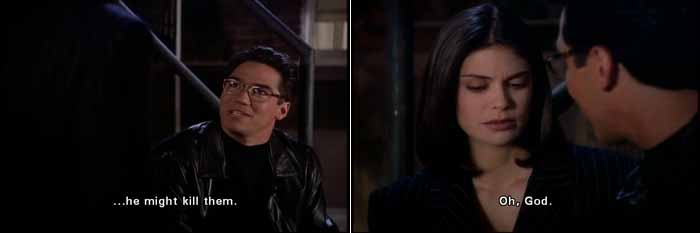 Clark Kent explains that Mayzik has kidnapped his parents and might kill them. Lois Lane is stunned: 'Oh, God'