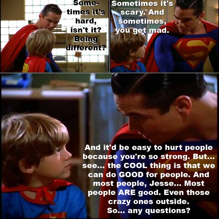 Superman counsels Jesse, a young boy with powers like his own: 'The cool thing is that we can do good for people'