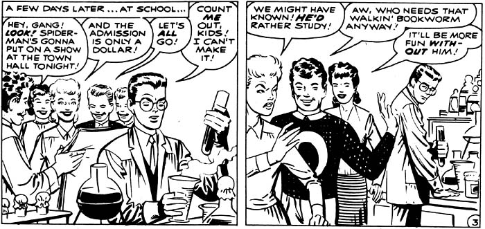 Flash Thompson once again dismisses shy, unpopular Peter Parker as a bookworm