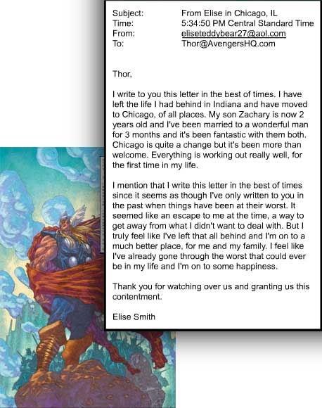 Elise Erickson writes to Thor, who she humbly worships: Thank you for watching over us and granting us this contentment.